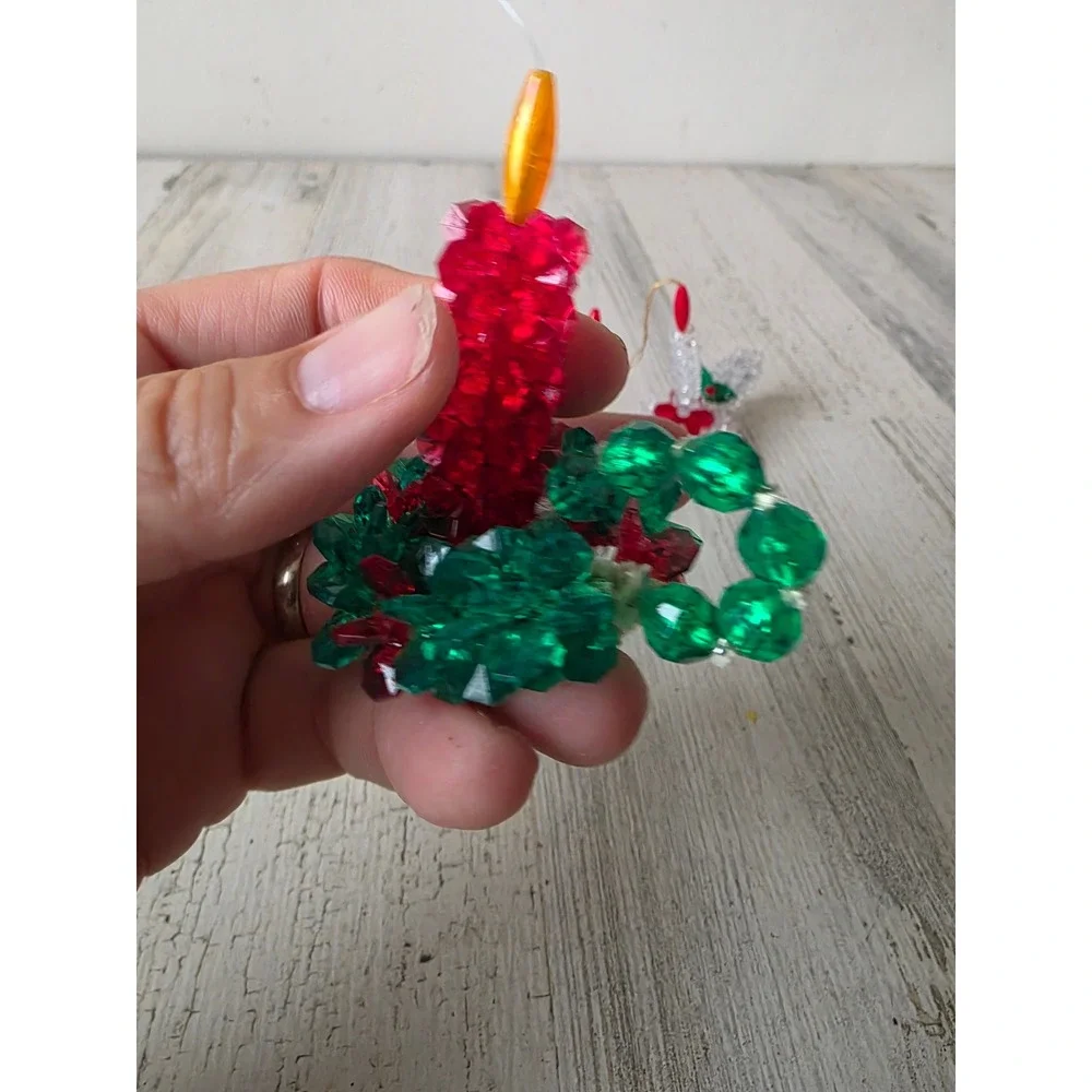 Vintage beaded candle ornament Red Green set Xmas tree